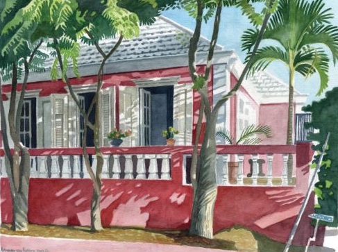 painting of a dark pink colonial house